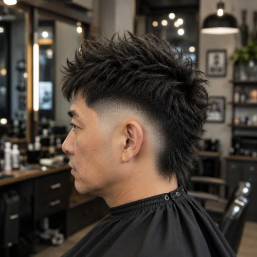 Older Asian man with an Asian Burst Fade haircut in a modern barbershop.