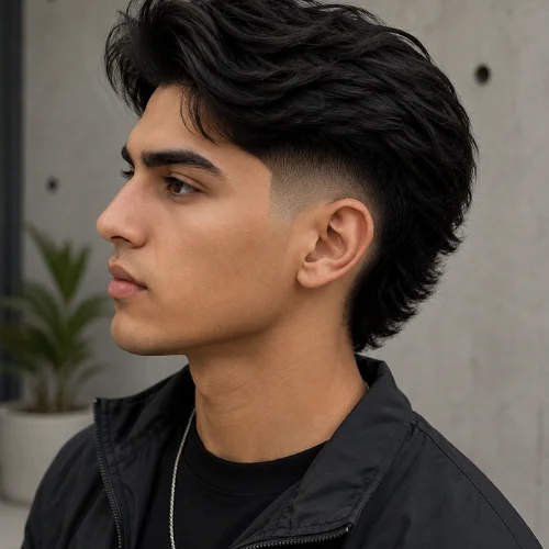 Stylish young man with a Blowout Burst Fade haircut, wearing a black jacket and chain necklace, shown in side profile against a modern indoor background.