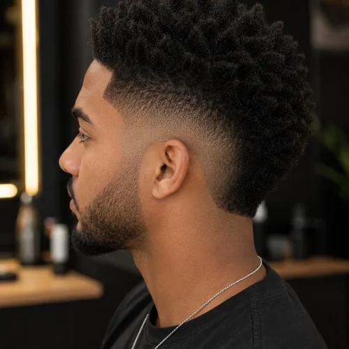 Bearded young man with a Burst Fade Afro hairstyle, wearing a black T-shirt and silver chain, shown in side profile inside a modern barbershop.