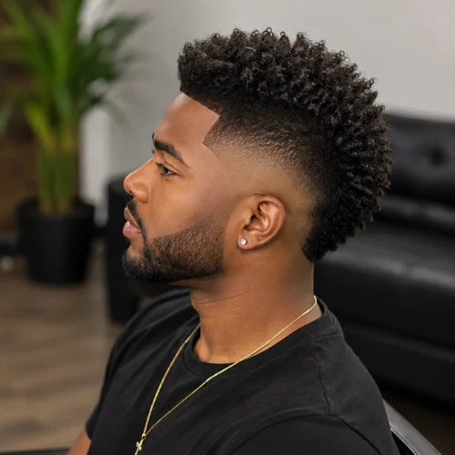 Professional side-profile portrait of a bearded Black man with a Burst Fade haircut, featuring tight curly hair on top, a clean burst fade around the ears, black t-shirt, and a modern blurred barbershop background.