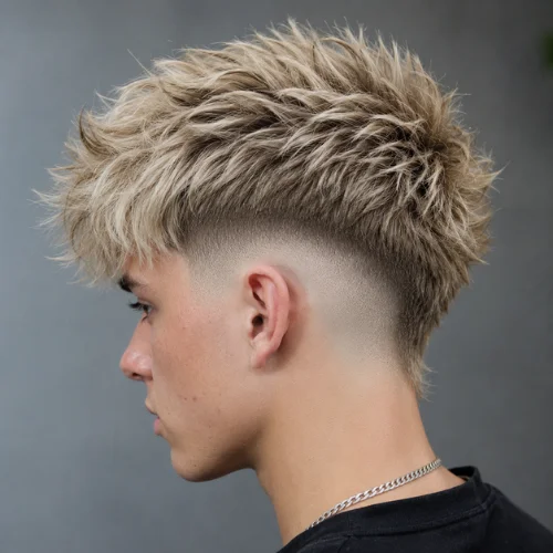 Young man with a blonde Burst Fade haircut against a plain studio background.