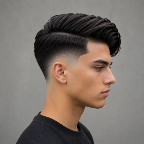 Young male model with a Burst Fade Comb-Over haircut, shown in side profile on a neutral background.