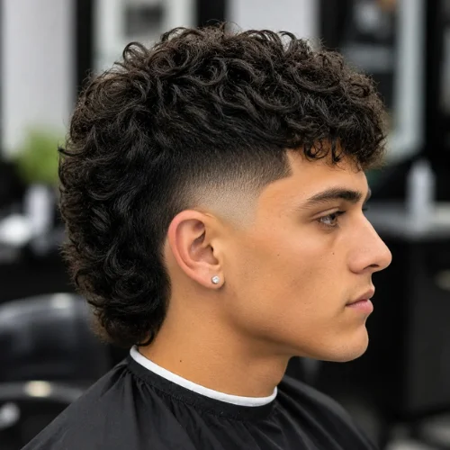 Side view of a curly burst fade haircut with a clean skin fade, textured curls, and longer hair at the back.