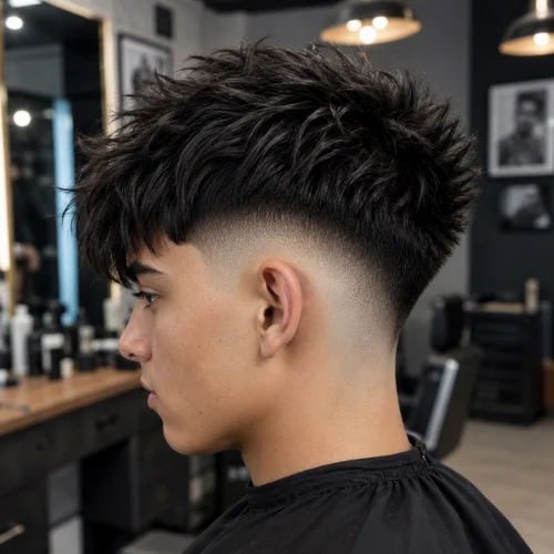 Burst Fade Edgar haircut on a young man in a modern barbershop.