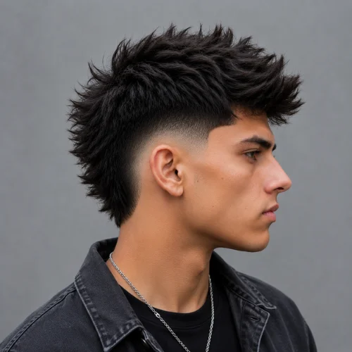 Young male model with a Burst Fade Faux Hawk hairstyle, wearing a denim jacket, shown in side profile against a neutral background.