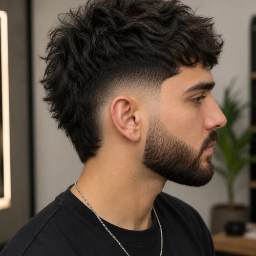Bearded young man with a Burst Fade Fluffy Hair hairstyle, wearing a black T-shirt and chain necklace, shown in side profile against a modern indoor background.