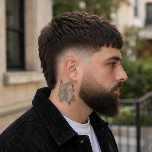 Bearded young man with a Burst Fade French Crop haircut and neck tattoo, wearing a dark jacket over a white shirt, shown in side profile against a blurred urban outdoor background.