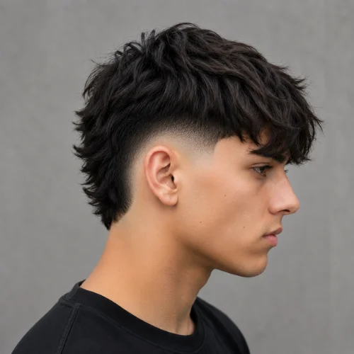 Side view of a burst fade fringe haircut with a textured fringe, layered top, and a clean fade around the ears.