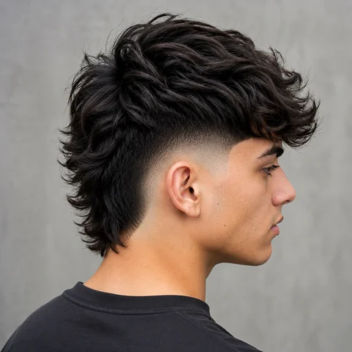 Young male model with a Burst Fade Long Hair haircut, shown in side profile against a neutral background.