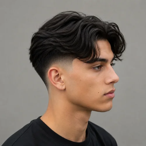 Side view of a burst fade haircut with a middle-part hairstyle, featuring longer layered hair on top and a clean fade around the ears.