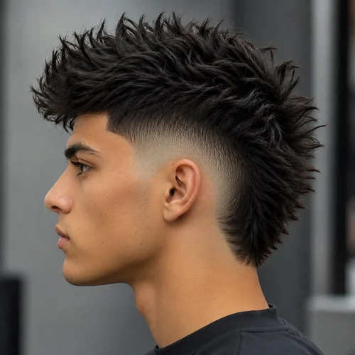 Burst fade mohawk haircut with spiky textured top and clean faded sides, side view in a barbershop.