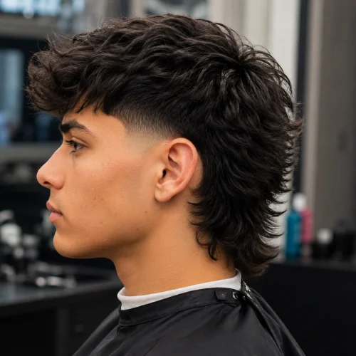 Side view of a modern burst fade mullet haircut with textured hair and a clean fade around the ears.