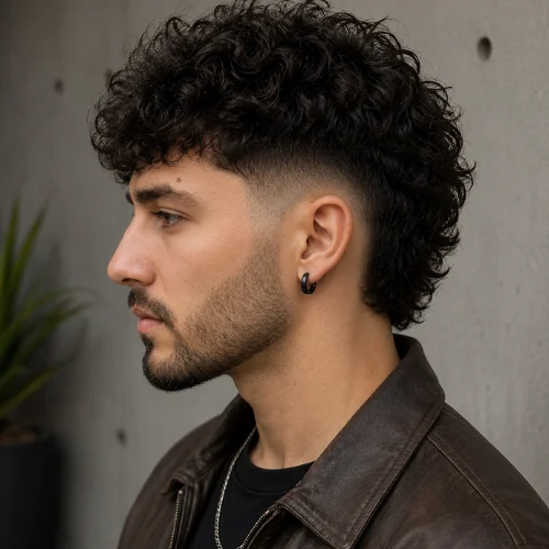 Stylish bearded young man with a Burst Fade Perm haircut, wearing a brown leather jacket, shown in side profile against a modern indoor background.