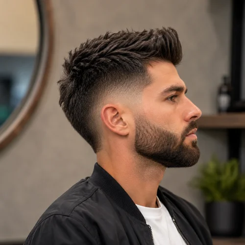Professional side-profile portrait of a bearded man with a Burst Fade Quiff haircut, featuring a voluminous quiff, clean burst fade around the ears, modern black jacket, and a blurred barbershop background.