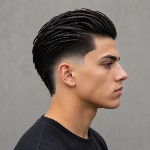 Young male model with a Burst Fade Slick Back hairstyle, shown in side profile against a neutral background.