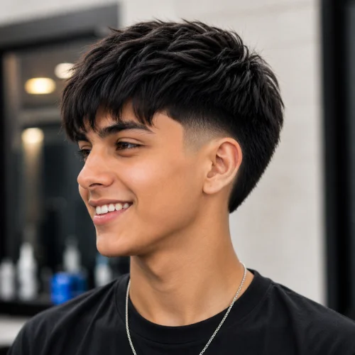 Smiling person with a straight-hair burst fade haircut, featuring a clean fade on the sides and textured hair on top.
