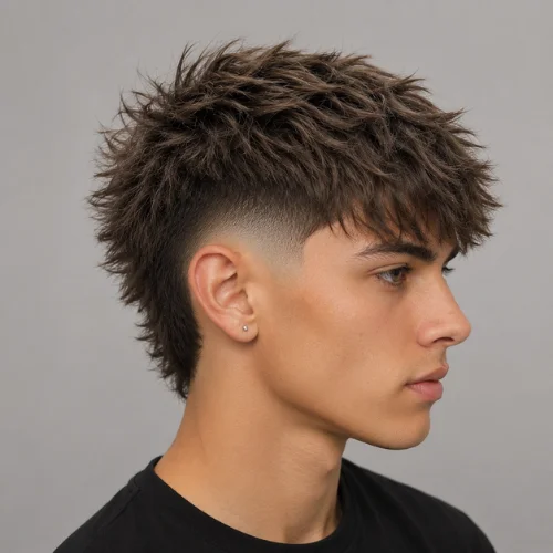 Side-profile portrait of a young man with a Burst Fade Textured Fringe haircut, featuring textured light brown hair and a clean burst fade on a plain gray background.