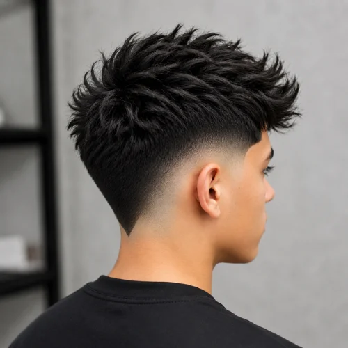 Young male model with a clean Burst Fade V-Cut hairstyle, shown from a side-back view.