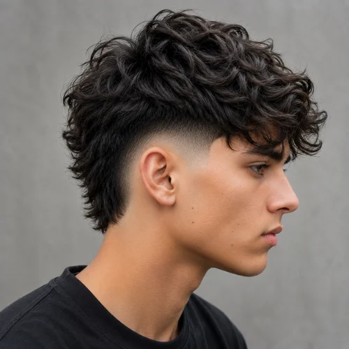 Side view of a burst fade haircut with thick wavy hair, a clean fade around the ears, and a longer textured back.