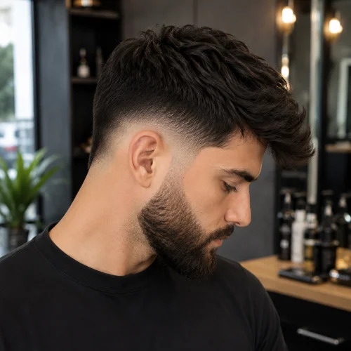 Bearded young man with a Burst Fade haircut, wearing a black T-shirt, looking downward in a modern barbershop with mirrors, grooming products, and soft lighting in the background.