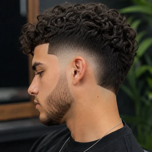 Professional side-profile portrait of a bearded man with a Burst Fade with Line-Up and Curls haircut, featuring defined curly hair on top, a sharp line-up, clean burst fade around the ears, black t-shirt, and a modern blurred barbershop background.