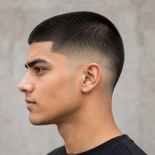 Young man with a clean Buzz Cut Burst Fade, featuring very short hair on top and a smooth fade around the ears, shown in a professional side-profile portrait.
