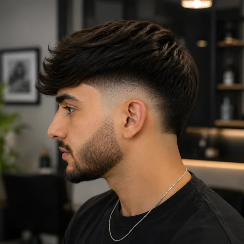 Bearded young man with a Drop Burst Fade haircut, wearing a black T-shirt and silver chain, shown in side profile inside a modern barbershop with shelves and grooming products in the background.