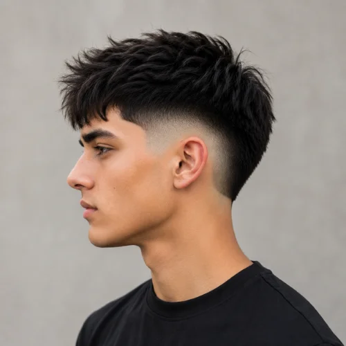 Young man with a High Burst Fade haircut, featuring textured hair on top and a high fade around the ears, shown in a professional side-profile portrait.