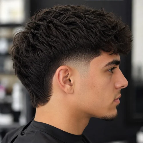Side view of a low burst fade haircut with textured hair on top and a clean fade around the ears.