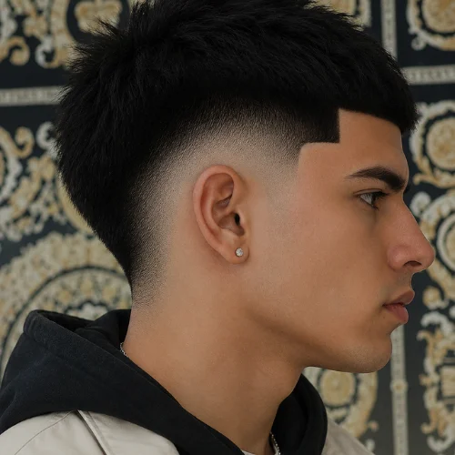Stylish young man with a Medium Burst Fade haircut, wearing a hoodie and jacket, shown in side profile against an elegant patterned background.
