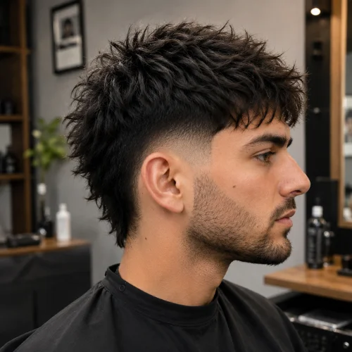 Young man with a Messy Burst Fade haircut and short beard, seated in a modern barbershop with styling products, mirrors, and wooden shelves in the background.