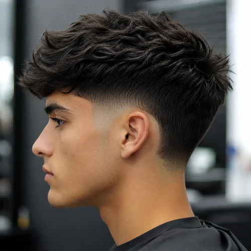 Young man with a textured wavy top and mid burst fade haircut viewed from the side in a barbershop.