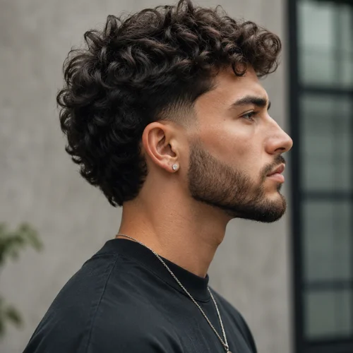 Professional side-profile portrait of a bearded man with a Modern Burst Fade haircut, featuring textured curly hair on top, a clean burst fade around the ears, black t-shirt, and a blurred outdoor background.