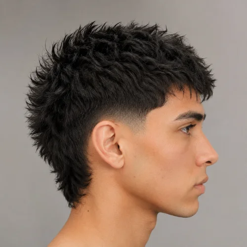 Professional side-profile portrait of a man with a Short Burst Fade haircut on a clean gray background.