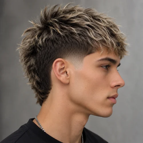 Side view of a taper burst fade haircut with textured highlighted hair, a clean fade around the ears, and a longer back section.