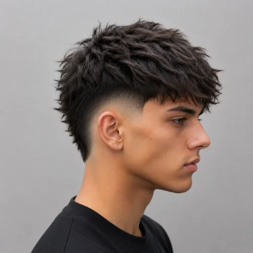 Young male model with a Textured Burst Fade haircut, shown in side profile against a neutral background.