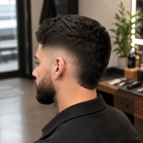 Bearded young man with a Classic Burst Fade haircut, viewed from the back-side angle, sitting in a modern barbershop with styling stations, mirrors, and indoor plants in the background.