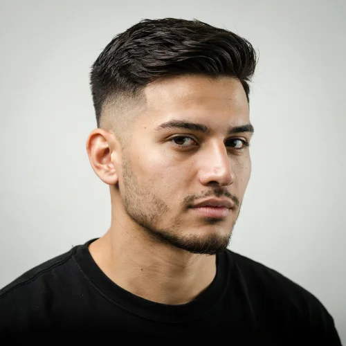 Side view of a curly burst fade haircut with a clean taper around the ears and neckline.