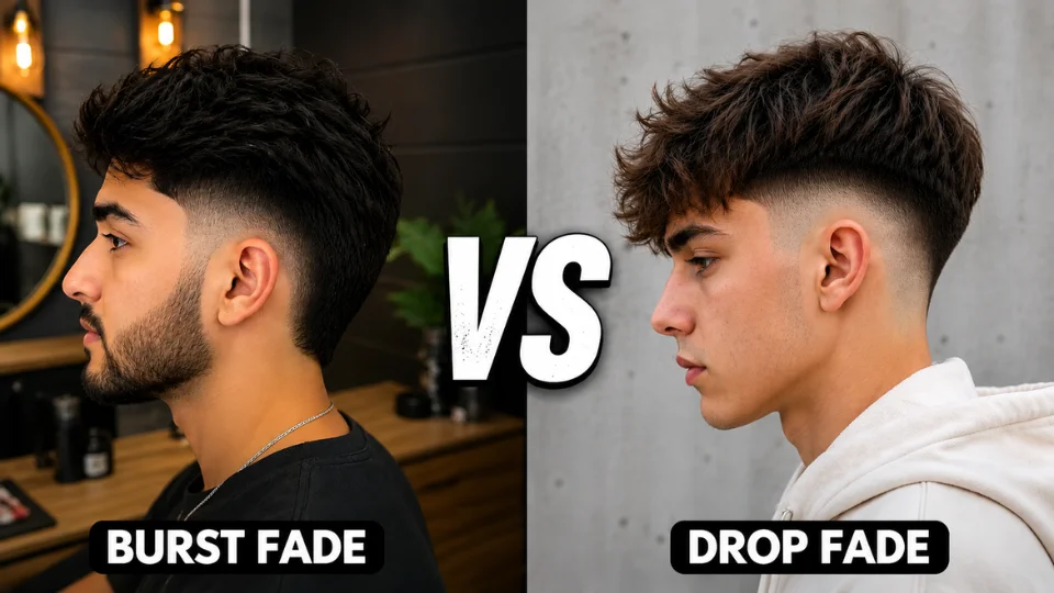 Burst Fade vs Drop Fade side-by-side hairstyle comparison with a bold VS in the center.