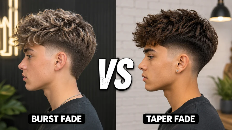 Burst Fade vs Taper Fade hairstyle comparison with two male models and a bold VS in the center.