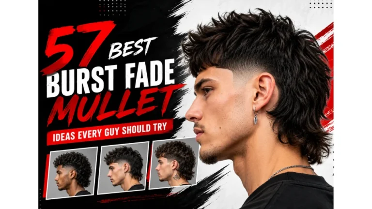 57 best burst fade mullet ideas featuring a modern burst fade mullet hairstyle, with red, black, and white graphic design.