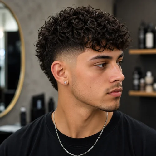 Curly crop with temple fade on a male model with defined dark curls.
