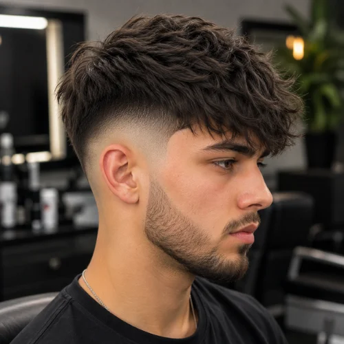 oung man with a skin fade and textured fringe haircut, short beard, and black T-shirt, shown in a modern barbershop.
